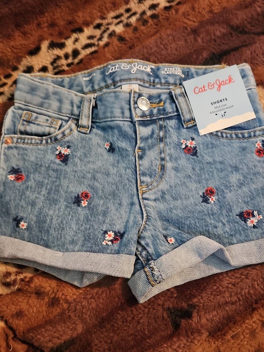 Cat & Jack Light Blue Denim Shorts with Red & White Floral Embroidery